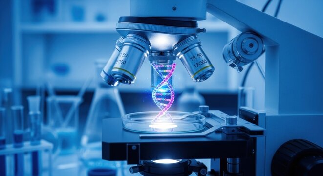 A microscope with a DNA helix on its glass slide.