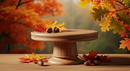 A wooden pedestal table sits on a surface, adorned with colorful autumn leaves and acorns, set against a blurred background of fall foliage.