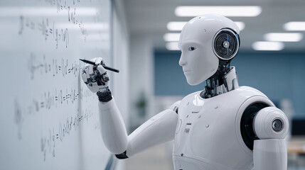 Robot teaches math on a whiteboard in a modern classroom setting with bright lighting and a focus on technology