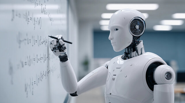 Robot teaches math on a whiteboard in a modern classroom setting with bright lighting and a focus on technology