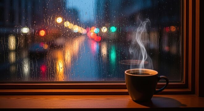 A steaming cup of coffee sits on a wooden shelf, with raindrops on the window in the background.