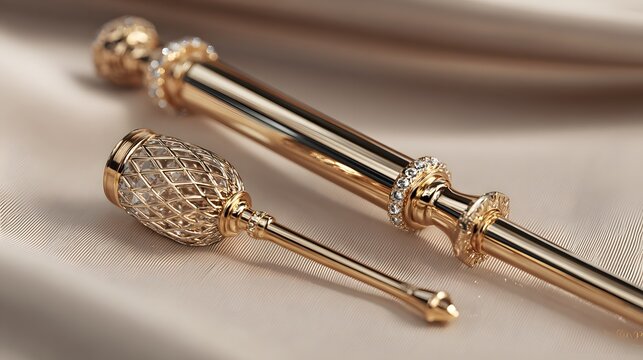 Luxurious ornate gold plated hardware components for a tiered dessert stand on silk fabric.