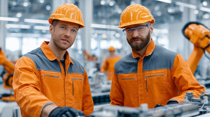 Two workers in orange safety gear smile while standing in a modern factory setting with robotic arms in the background