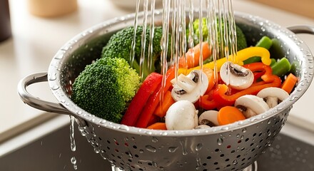 Vibrant vegetables in a colander under running tap water for healthy eating