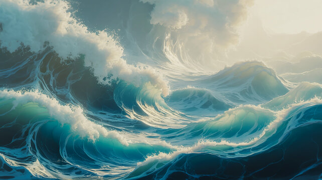 A digital art piece of turbulent ocean waves rendered in a soft, ethereal style.