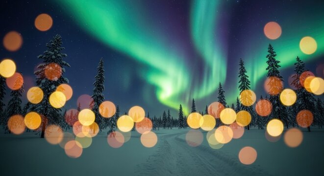 A winter wonderland with Northern Lights and Christmas lights in the background.