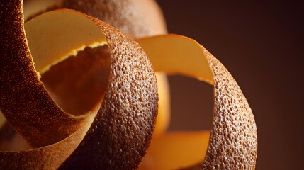 Macro close up of a curled potato peel showing detailed skin texture on a dark background.