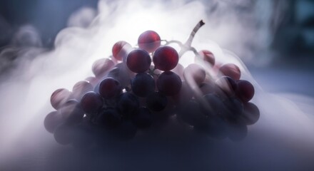 A cluster of red grapes with a misty, ethereal quality, evoking a sense of freshness and purity.