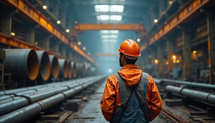 Dedicated worker in orange hard hat stands inside vast factory warehouse. Observes long rows of metal pipes, heavy lifting equipment. Overhead crane structure visible in busy modern industrial plant