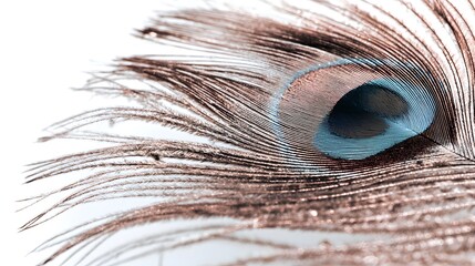 Obraz premium Macro close up of a vibrant peacock feather eye on a white background.