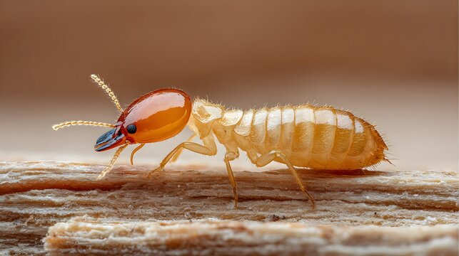 Macro close up of a single termite soldier insect on decaying wood.