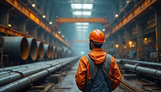 Dedicated worker in orange hard hat stands inside vast factory warehouse. Observes long rows of metal pipes, heavy lifting equipment. Overhead crane structure visible in busy modern industrial plant