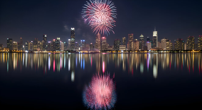 Spectacular fourth of july fireworks illuminate the night sky above a glittering city skyline reflected in the calm water below