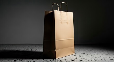 A plain brown paper shopping bag with handles stands upright on a speckled surface against a dark, shadowed background.
