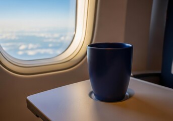 Blue coffee cup resting on a tray table next to an airplane window showing clouds below during flight