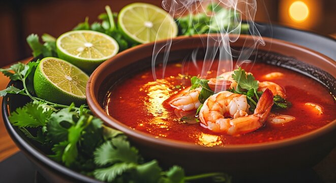 Shrimp dish served in a bowl with steaming broth, garnished with fresh herbs and lime slices, showcasing vibrant colors and inviting textures for culinary presentation - Powered by Adobe