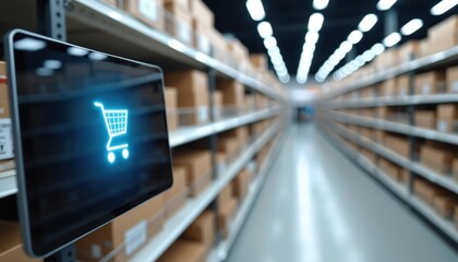 Digital shopping cart icon glows brightly on screen in modern warehouse aisle. Rows of neatly organized brown boxes fill many shelves. Visualizes e-commerce, smart inventory management, logistics,