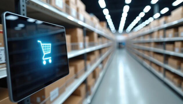 Digital shopping cart icon glows brightly on screen in modern warehouse aisle. Rows of neatly organized brown boxes fill many shelves. Visualizes e-commerce, smart inventory management, logistics, - Powered by Adobe