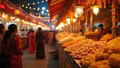 Vibrant Indian street market at night illuminated with colourful lanterns, lights. People browse stalls overflowing with sweets, festive decorations during religious celebration. Festive atmosphere,