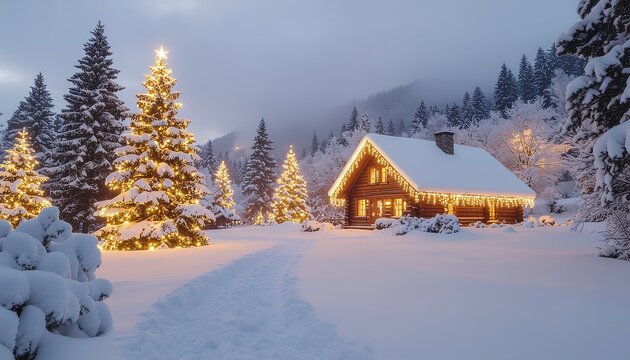 A beautiful white winter landscape scene featuring a snowy house in the mountains surrounded by frozen pine trees under a cold blue sky