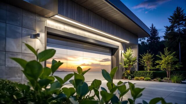 Modern garage with automatic roller door at sunset, illuminated by exterior lighting, surrounded by lush green foliage and a clear evening sky.