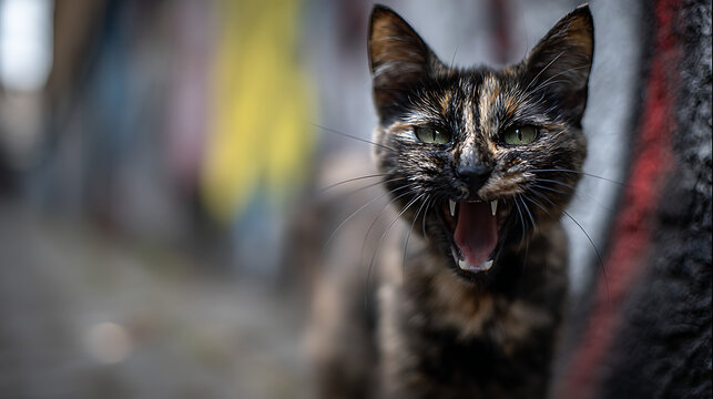 Tortoiseshell cat hissing showing sharp teeth and pink tongue angry aggressive