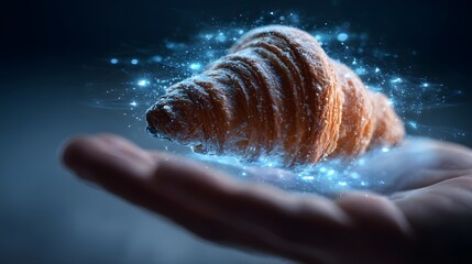 Magical glowing croissant levitating above a human hand with blue sparkles.