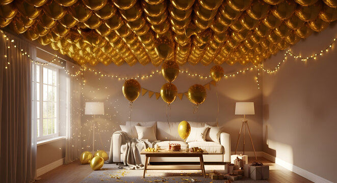 Luxurious golden balloon filled ceiling creating a festive and celebratory atmosphere for a special event or party in a chic room