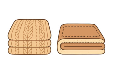 Cozy stack of beige cable knit blankets beside a folded brown quilted throw blanket