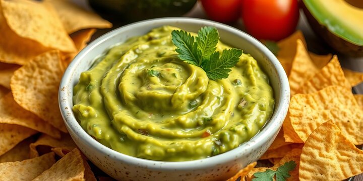 Creamy avocado guacamole served with crispy tortilla chips, spicy, tortilla chips