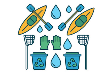 Kayaks, paddles, gloves, nets, and recycling bins for aquatic environment cleanup