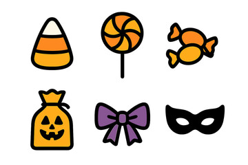 Set of Halloween icons featuring candy corn, lollipop, treat bag, and masquerade mask