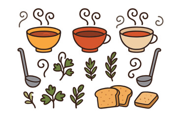 Doodle style set of hot soup, kitchen utensils, aromatic herbs, and toasted bread elements