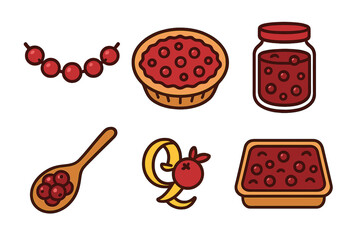 Cranberry desserts and ingredients set including pie, jam, fresh berries, and sauce
