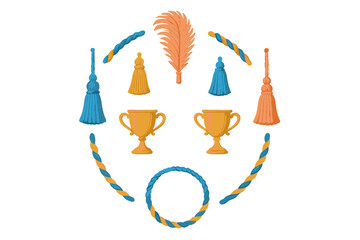 Symmetrical arrangement of golden trophies, colorful tassels, twisted ropes, and ornamental feather