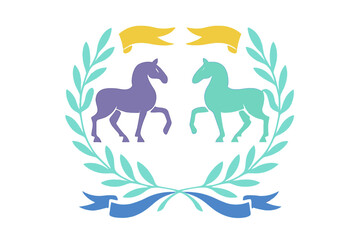 Symmetrical heraldic emblem featuring two stylized horses framed by a laurel wreath and decorative ribbons