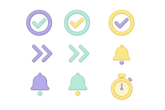 Soft pastel user interface icons set featuring checkmarks arrows bells and stopwatch timer