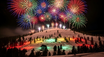 Spectacular new year s eve fireworks display illuminating a snow covered mountain slope with colorful lights and silhouetted trees below