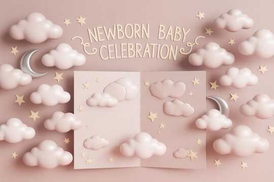 Celebrate your precious newborn with this dreamy pink baby shower invitation template featuring fluffy clouds, twinkling stars, and a gentle silver moon - Powered by Adobe