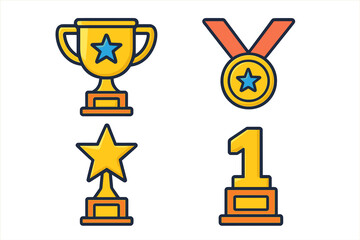 Set of golden achievement awards including trophy cup, medal, star, and number one prize