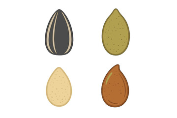 Stylized collection of four seeds and nuts including sunflower seed and kernels