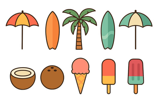 Colorful summer and beach vacation items including surfboards, palm tree, coconuts, ice cream, and popsicles