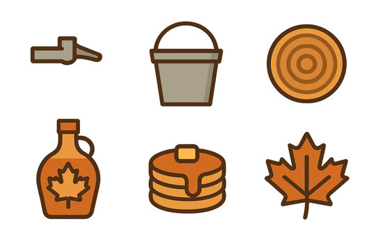 Maple syrup production and consumption elements including spile, bucket, jug, pancakes, and leaf