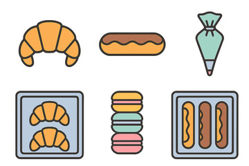 Assortment of sweet French pastries, baked goods, and confectionery tools