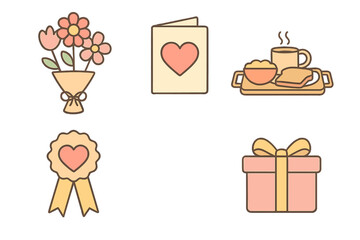 Pastel romantic symbols including flower bouquet, heart card, breakfast tray, award ribbon, and wrapped gift