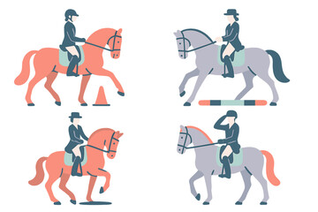 Set of four equestrians riding horses in poses for dressage and jumping practice