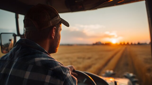Male farmer driving a tractor in a rural field at sunset.