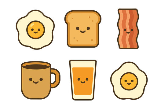 Cute cartoon breakfast food set featuring smiling fried eggs, toast, bacon, coffee, and orange juice
