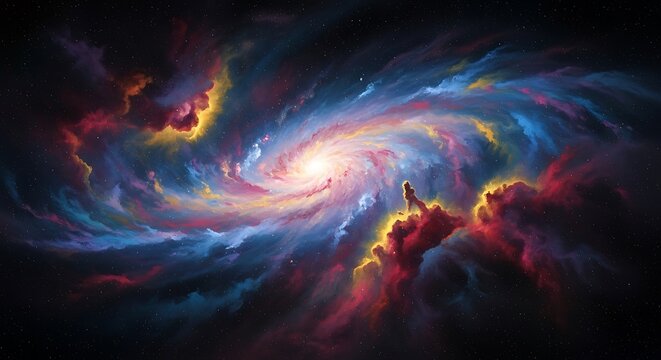 A vibrant digital painting of a swirling spiral galaxy in deep space. - Powered by Adobe