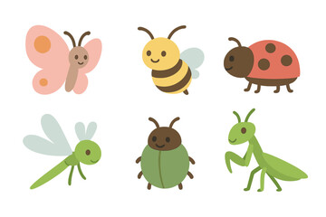 Smiling cartoon bugs and flying insects collection isolated on white background
